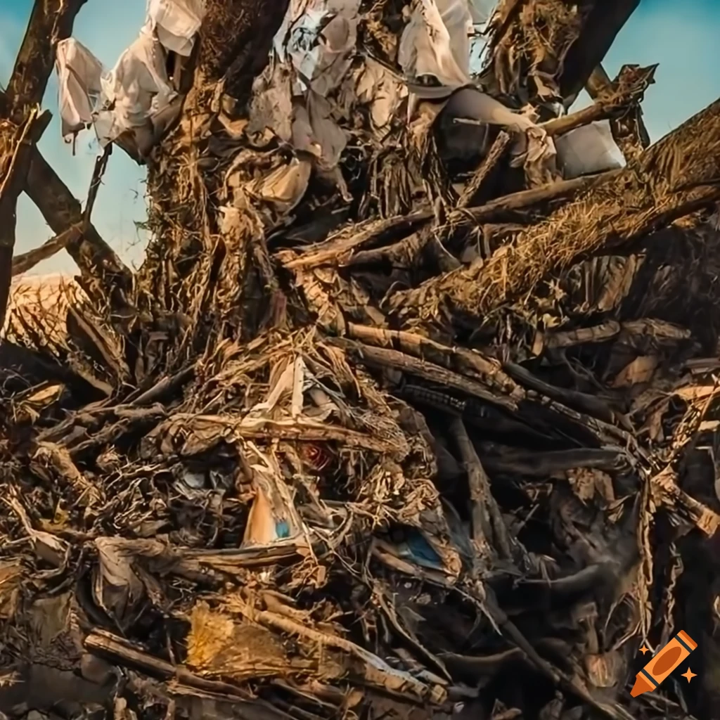 Traditional Hungarian clothes caught in tree branches amid junk garbage in a destroyed landscape