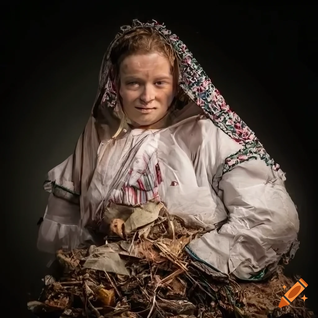Detail of traditional Hungarian clothes caught in a web of junk garbage in a destroyed landscape
