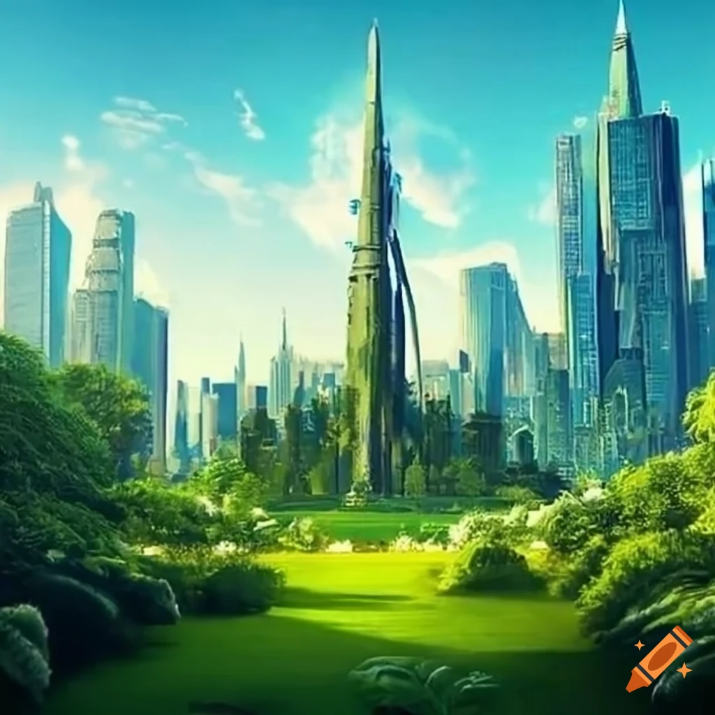 Modern futuristic city with abundant greenery under a blue sky on Craiyon