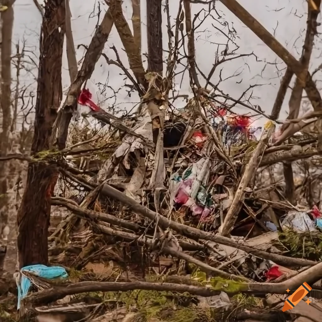 Traditional Hungarian clothes tangled in tree branches amidst a junk garbage web in a destroyed landscape