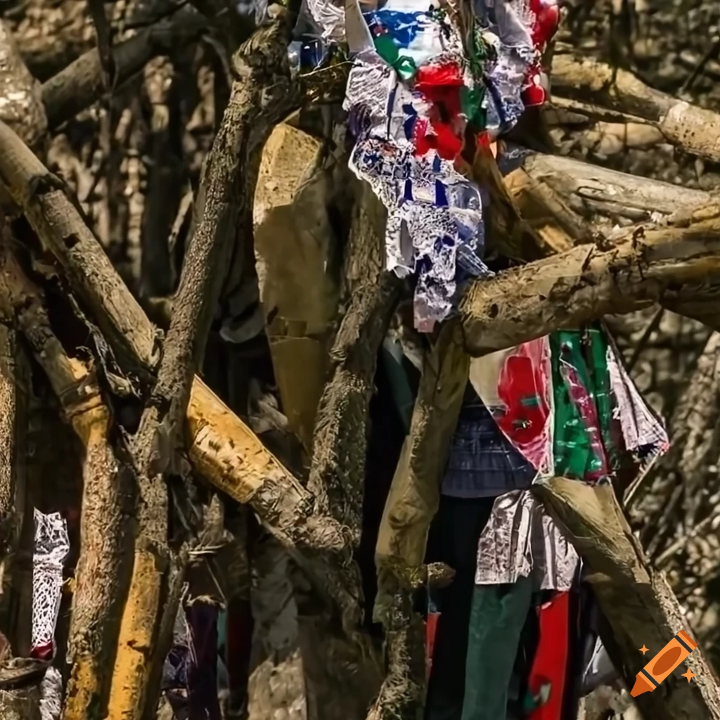 Traditional Hungarian clothes caught in tree branches amidst junk garbage in a destroyed landscape