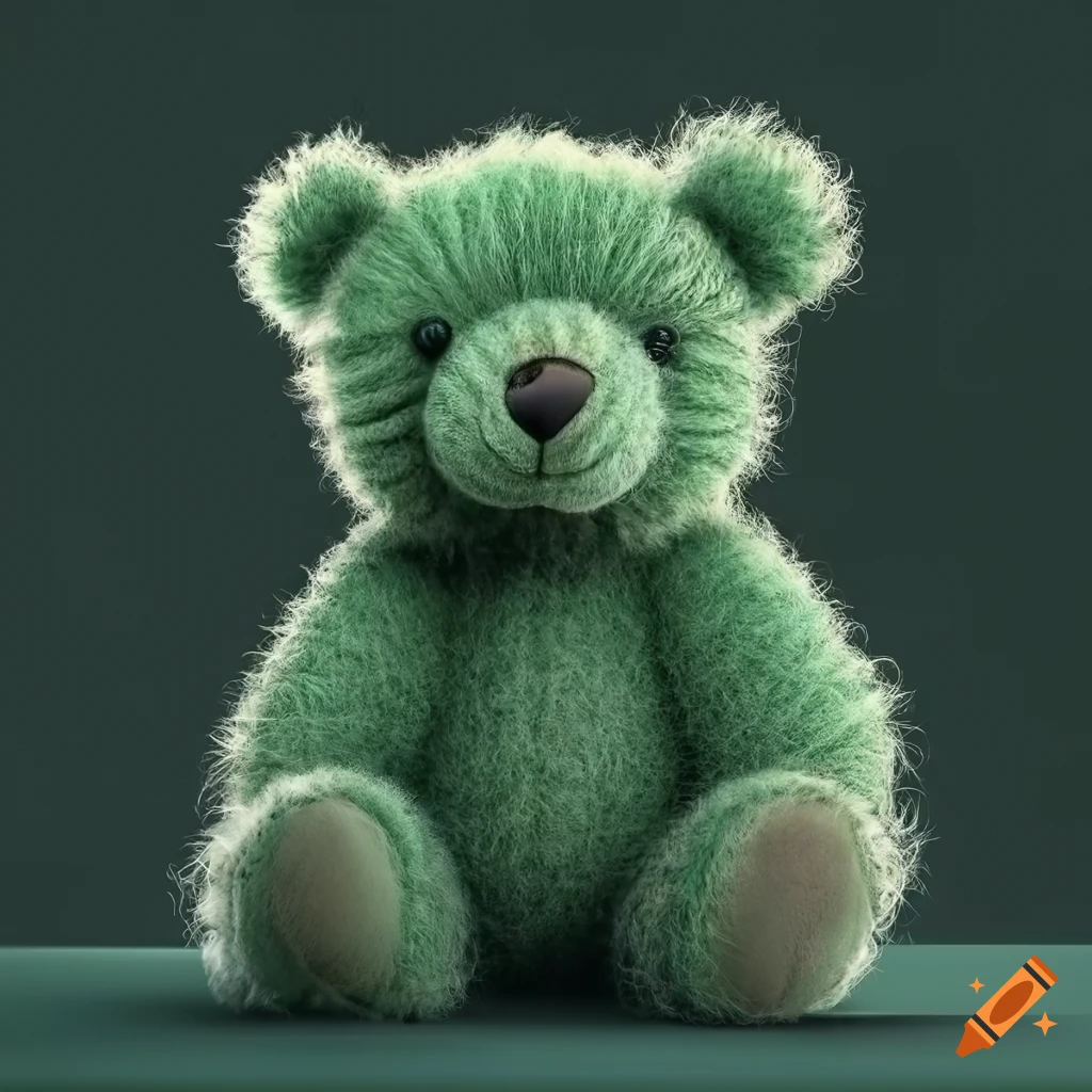 Detailed digital art photorealistic portrait of a cute dark green wool teddy bear