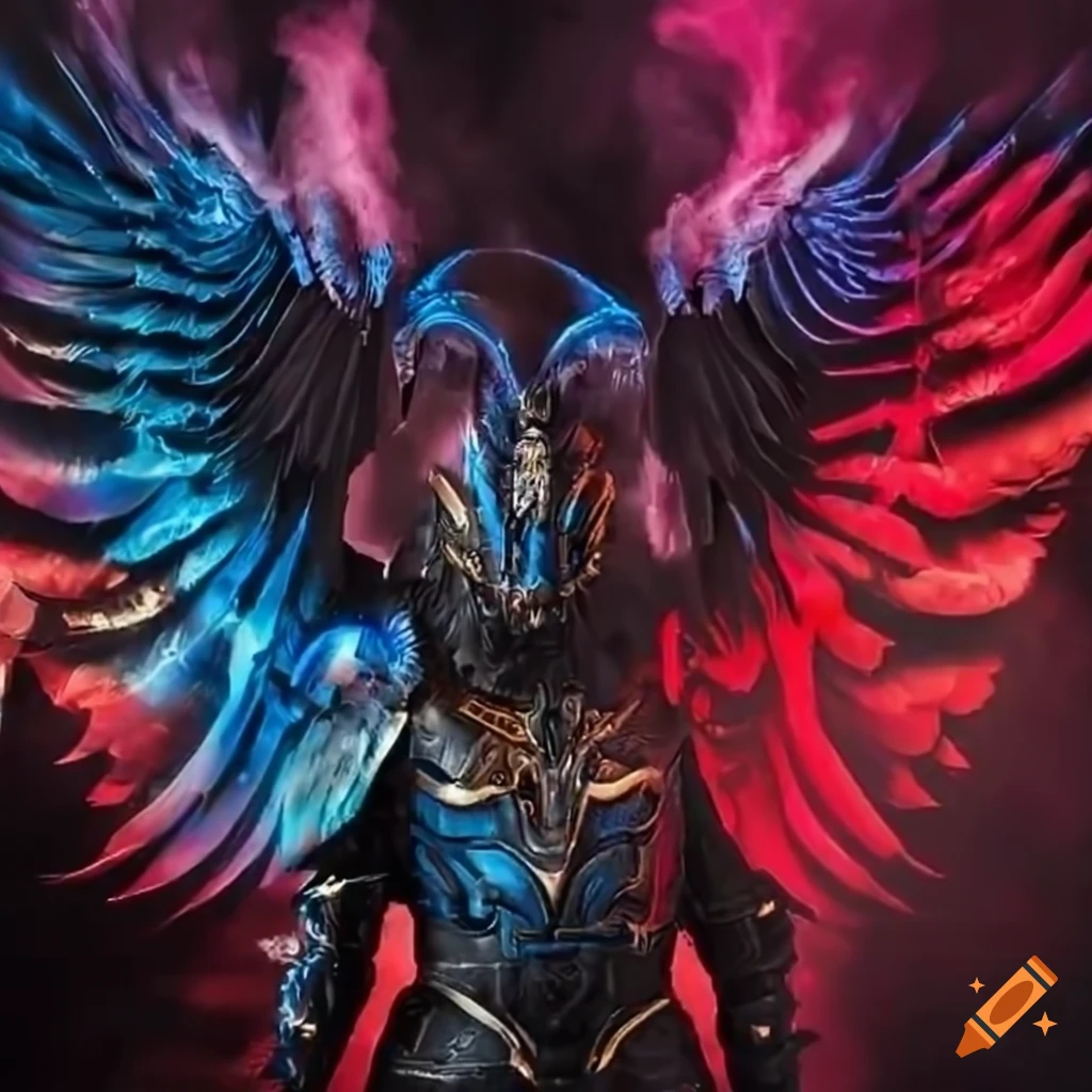 Being with red-black wings and massive black-blue armor with a black and gold smoke aura