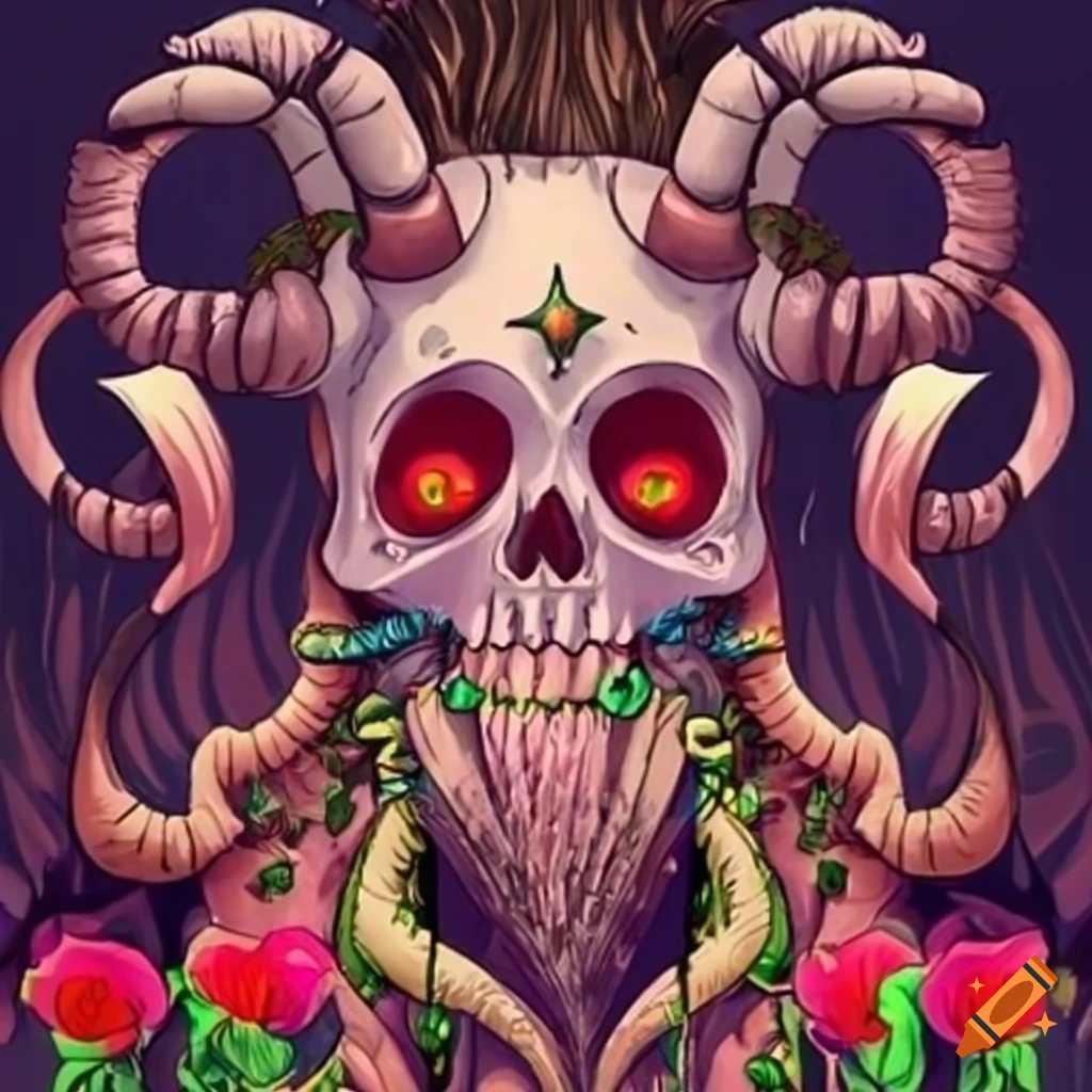 Skull druid shaman with Aries horns and colorful plant with poppy