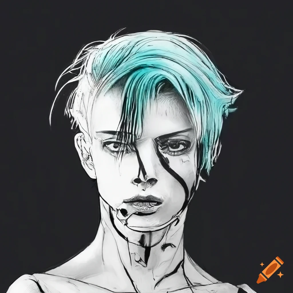 Young male cyborg in high-tech bodysuit with light cyan hair in black and white ink