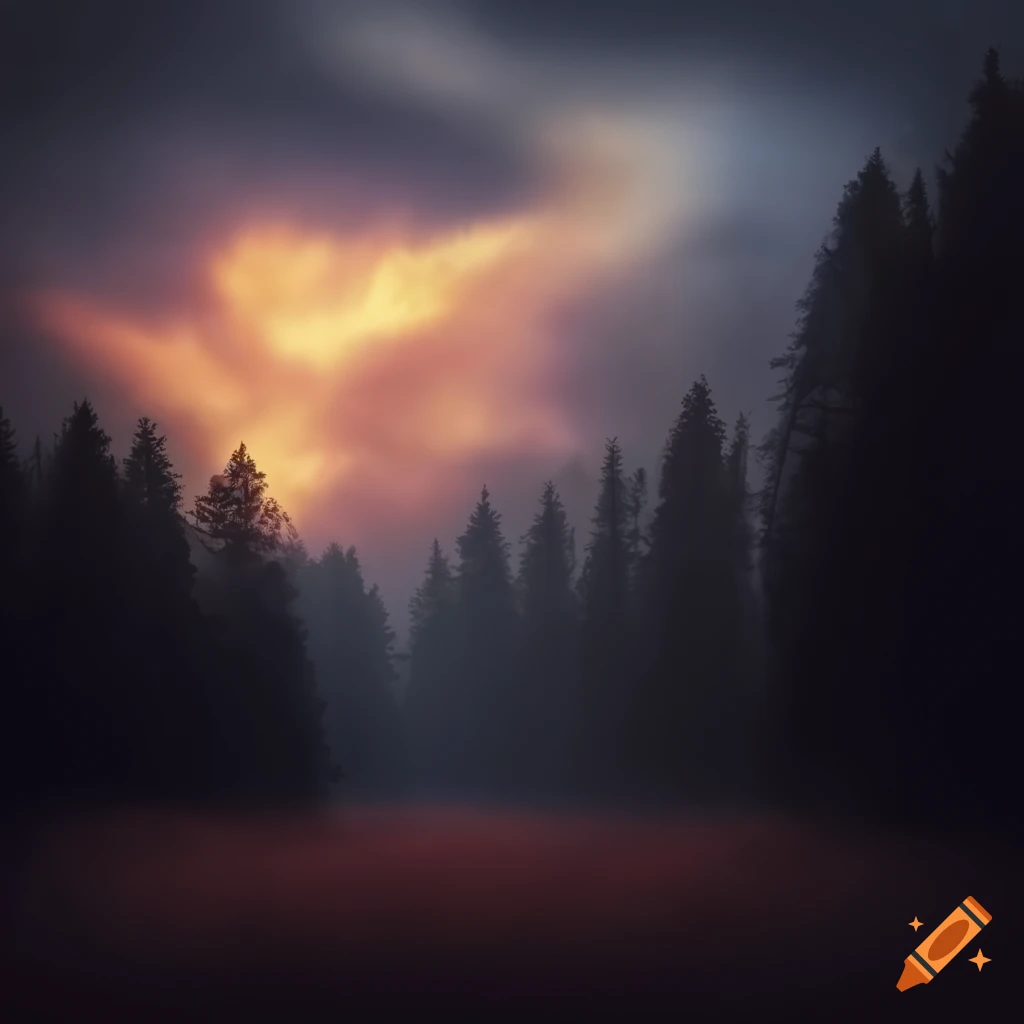 Contrast of sunlit meadow and dark forest with threatening clouds symbolizing hope and fear