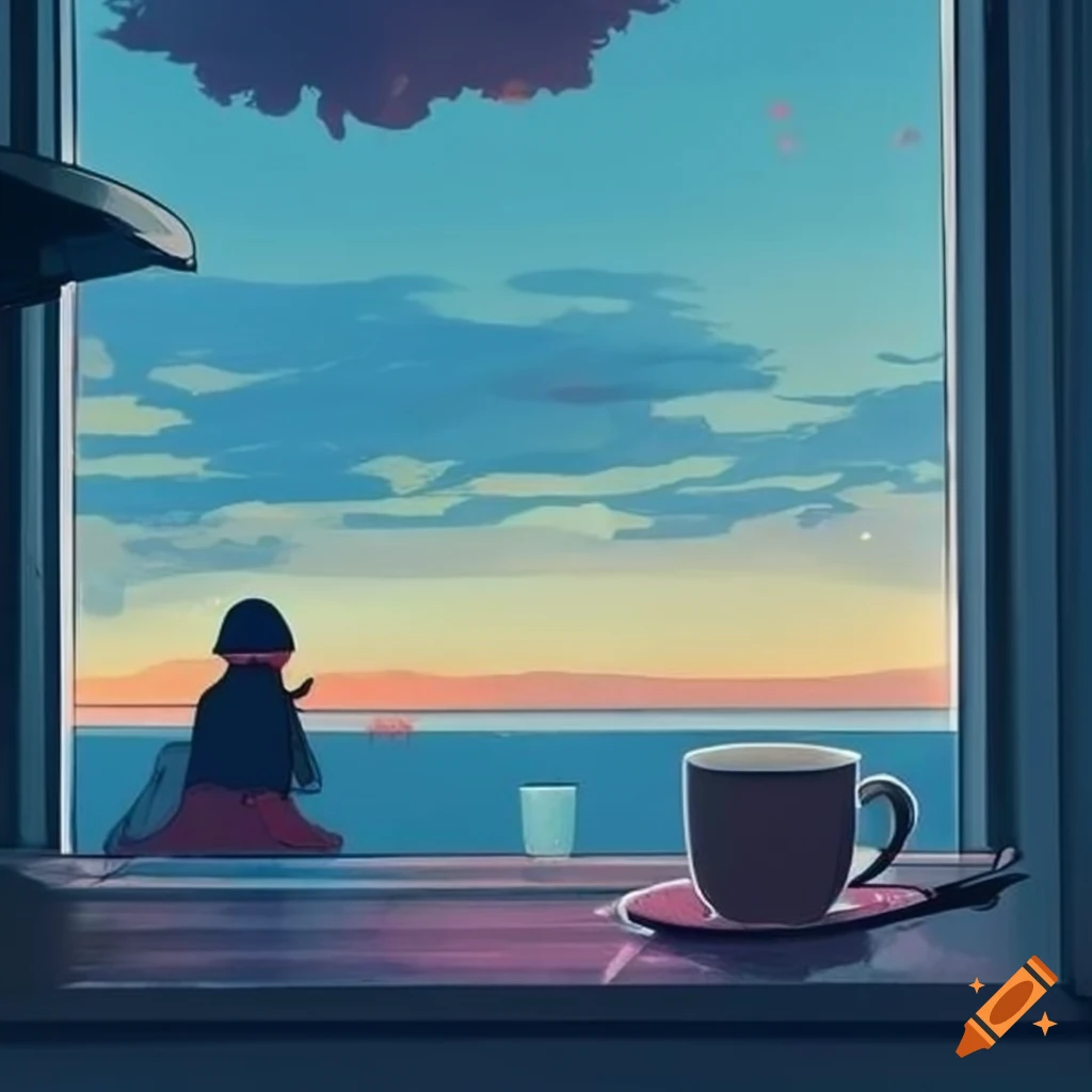 Cozy lofi coffee window view on a rainy day