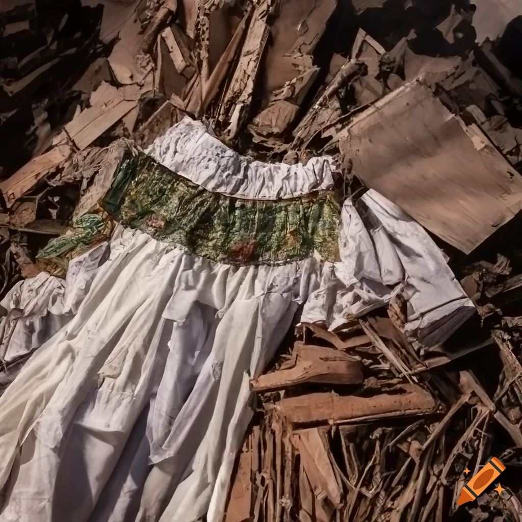 Detail of traditional Hungarian clothes intertwined with a junk garbage nest in a destroyed landscape