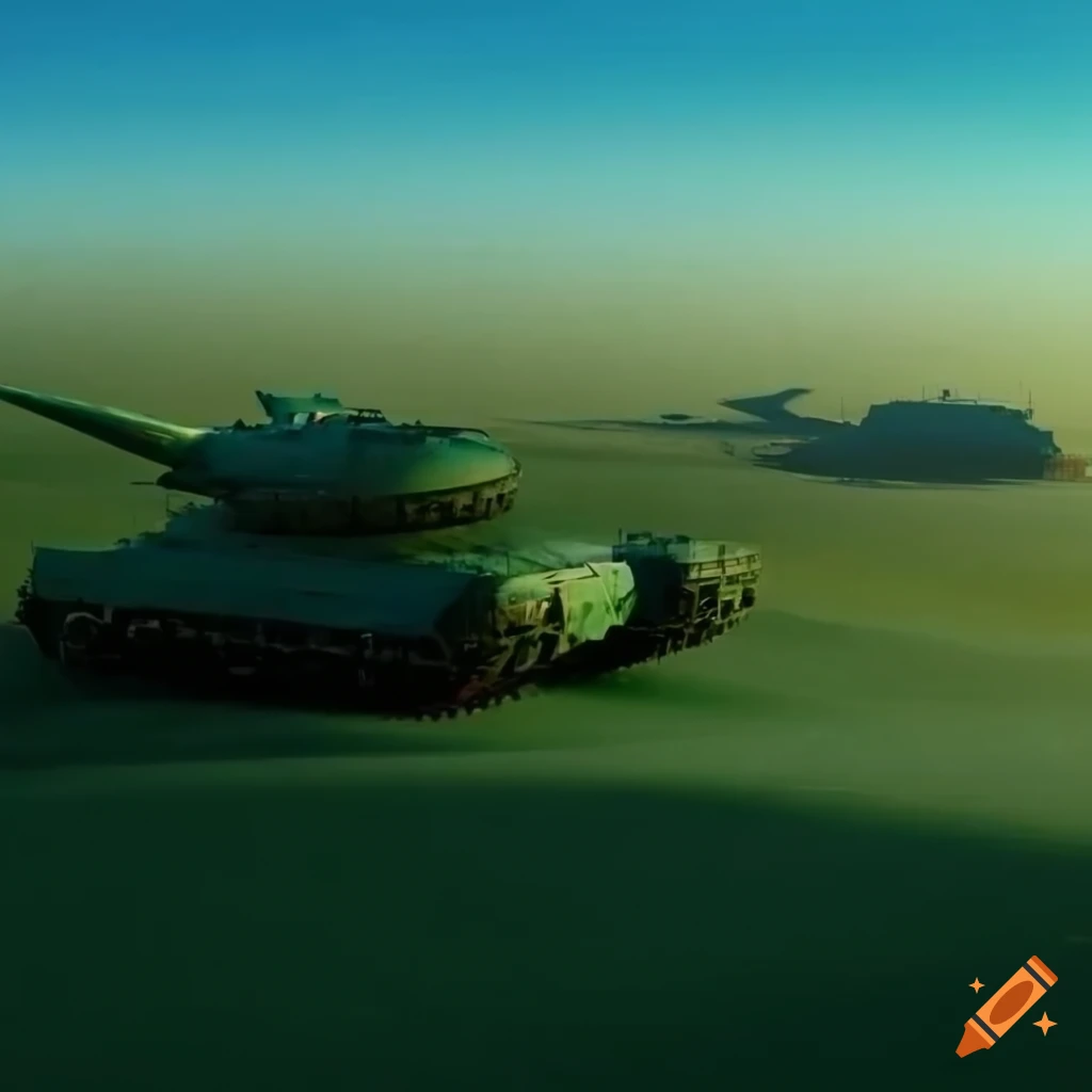 Postapocalyptic scenery with futuristic tanks in desert setting