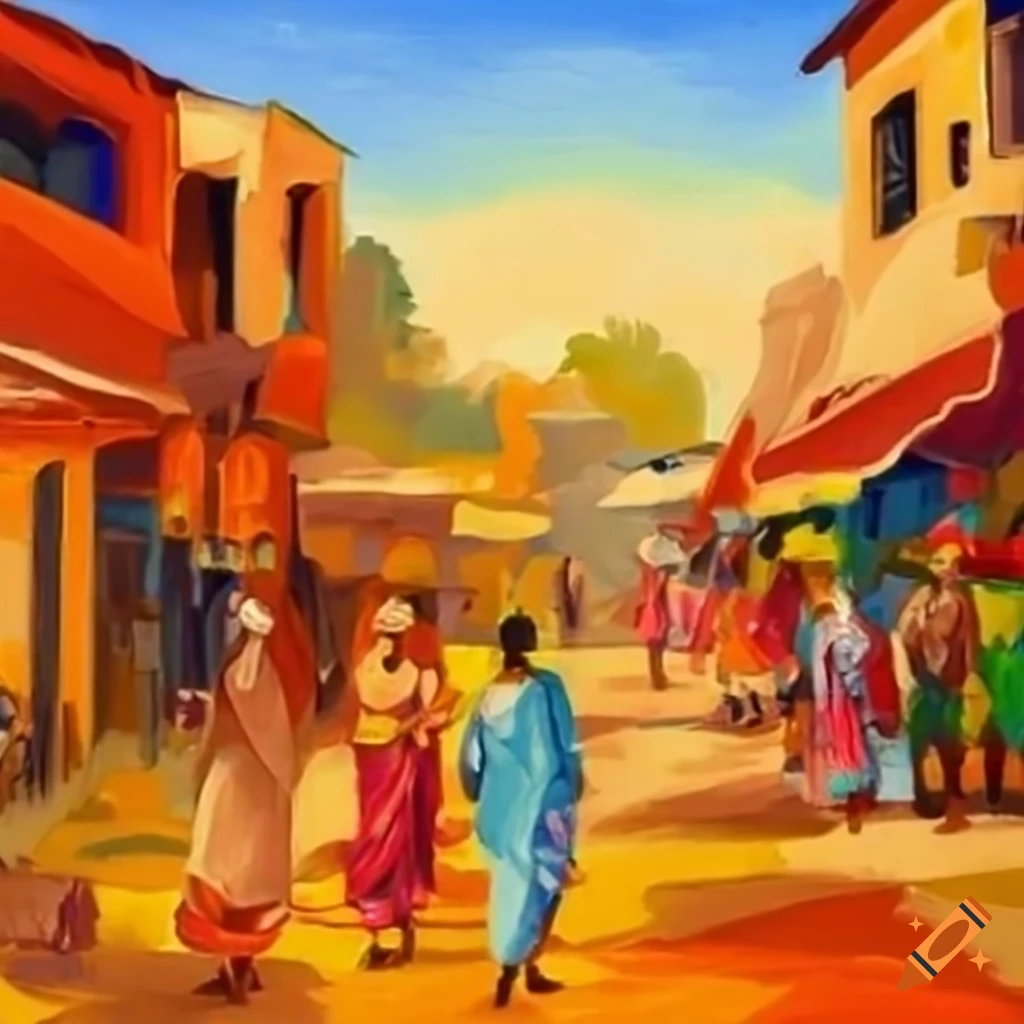 Indian village scene with marketplace and locals socializing