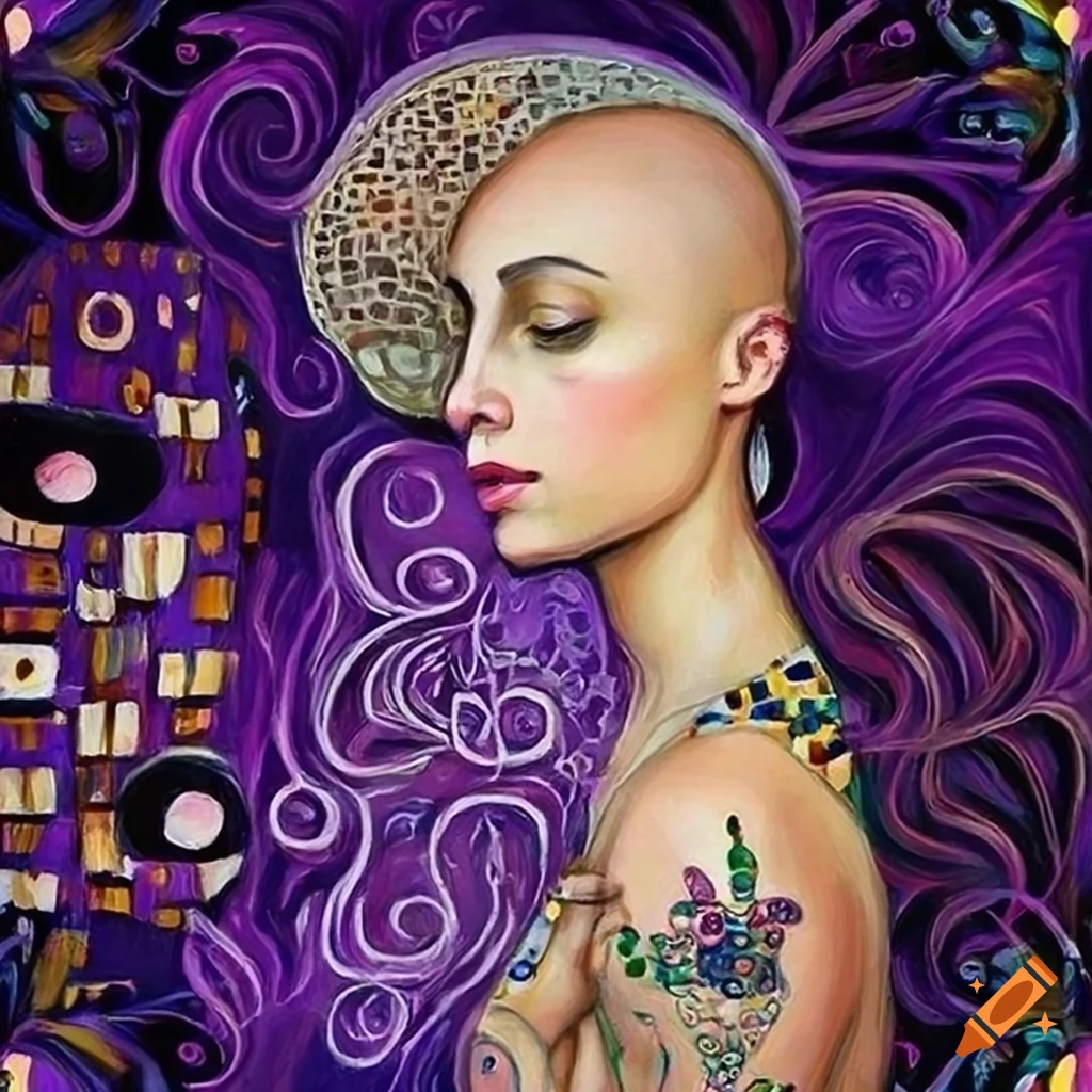 Painting of a sleeping blonde bald princess with Klimt-style gold accents