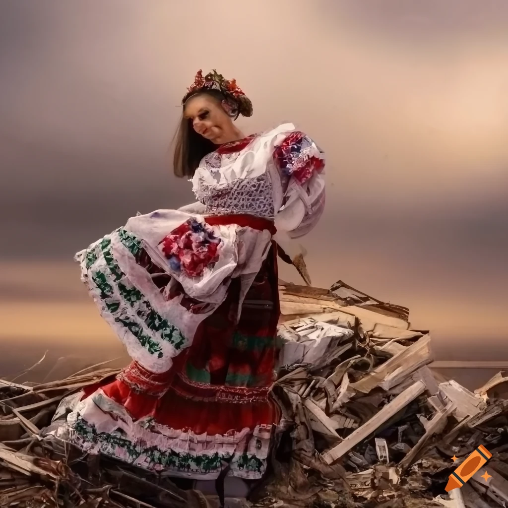 Detail of traditional Hungarian clothes caught in a junk garbage nest in a destroyed landscape