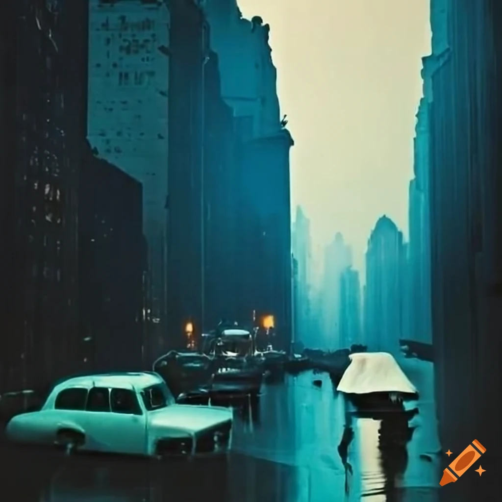 1940s New York City in the rain with blue paint dripping, silhouette of a man