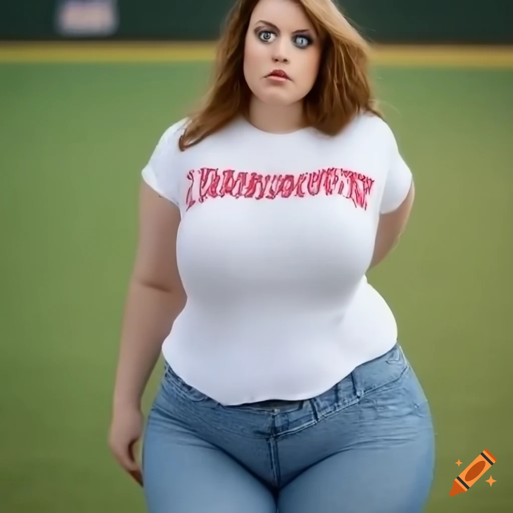 Plus-size model in casual attire on a baseball field