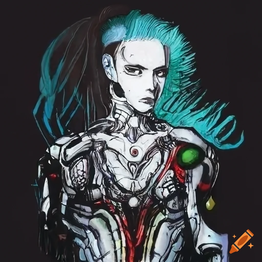 Young male cyborg in high-tech bodysuit with light cyan hair in black and white ink