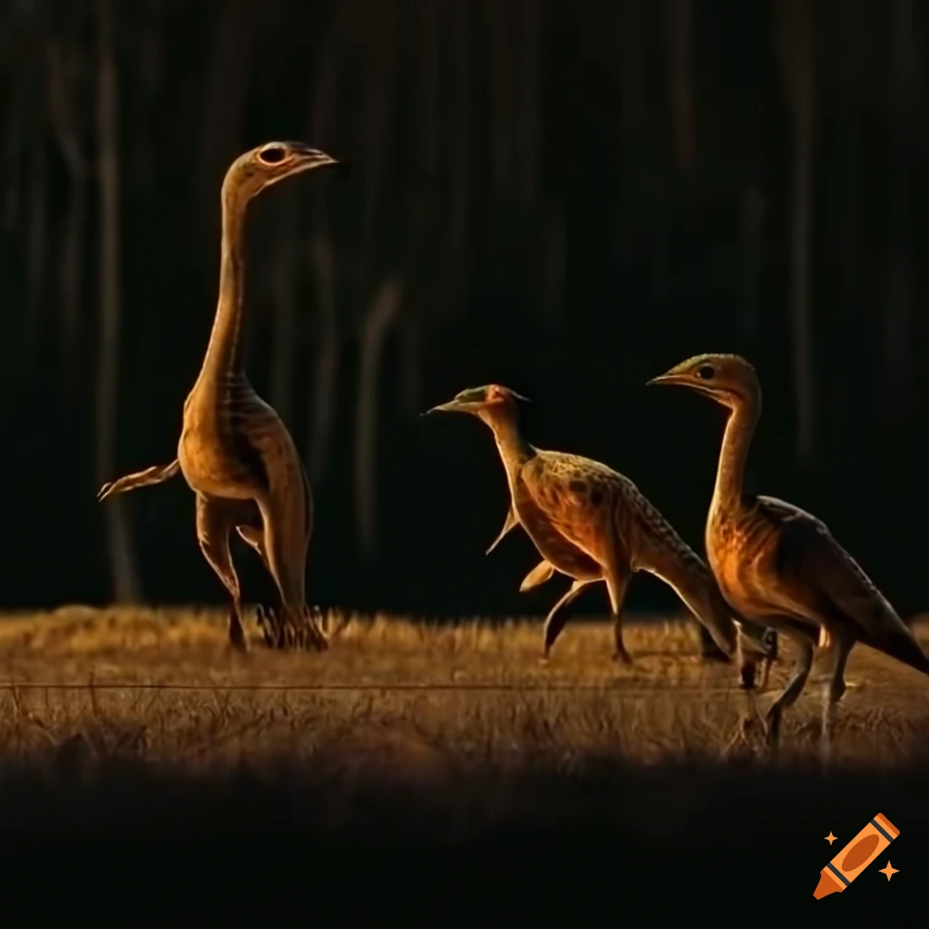 Feathered gallimimus dinosaurs with Houbara Bustard color pattern by a BC lake with driftwood and ferns in morning light
