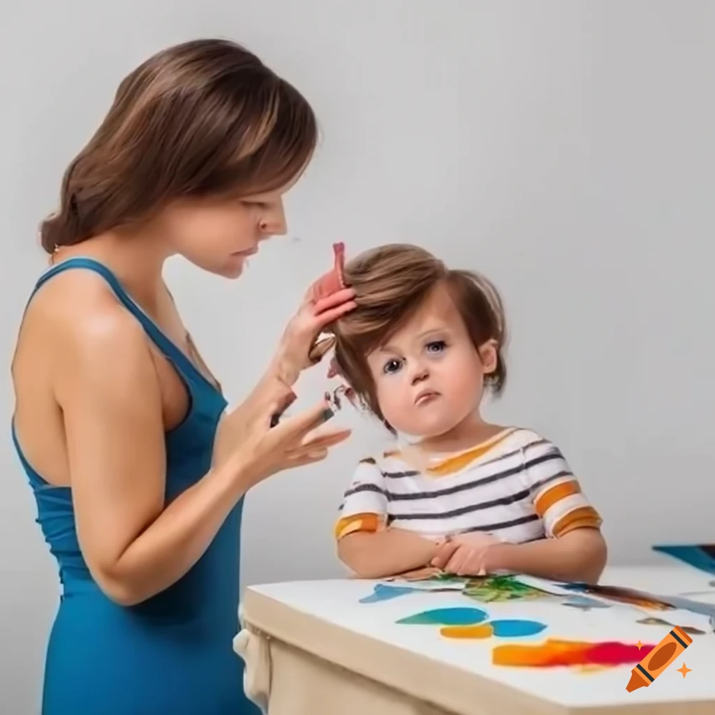 Teacher with a 4-year-old student painting hands in an arts class