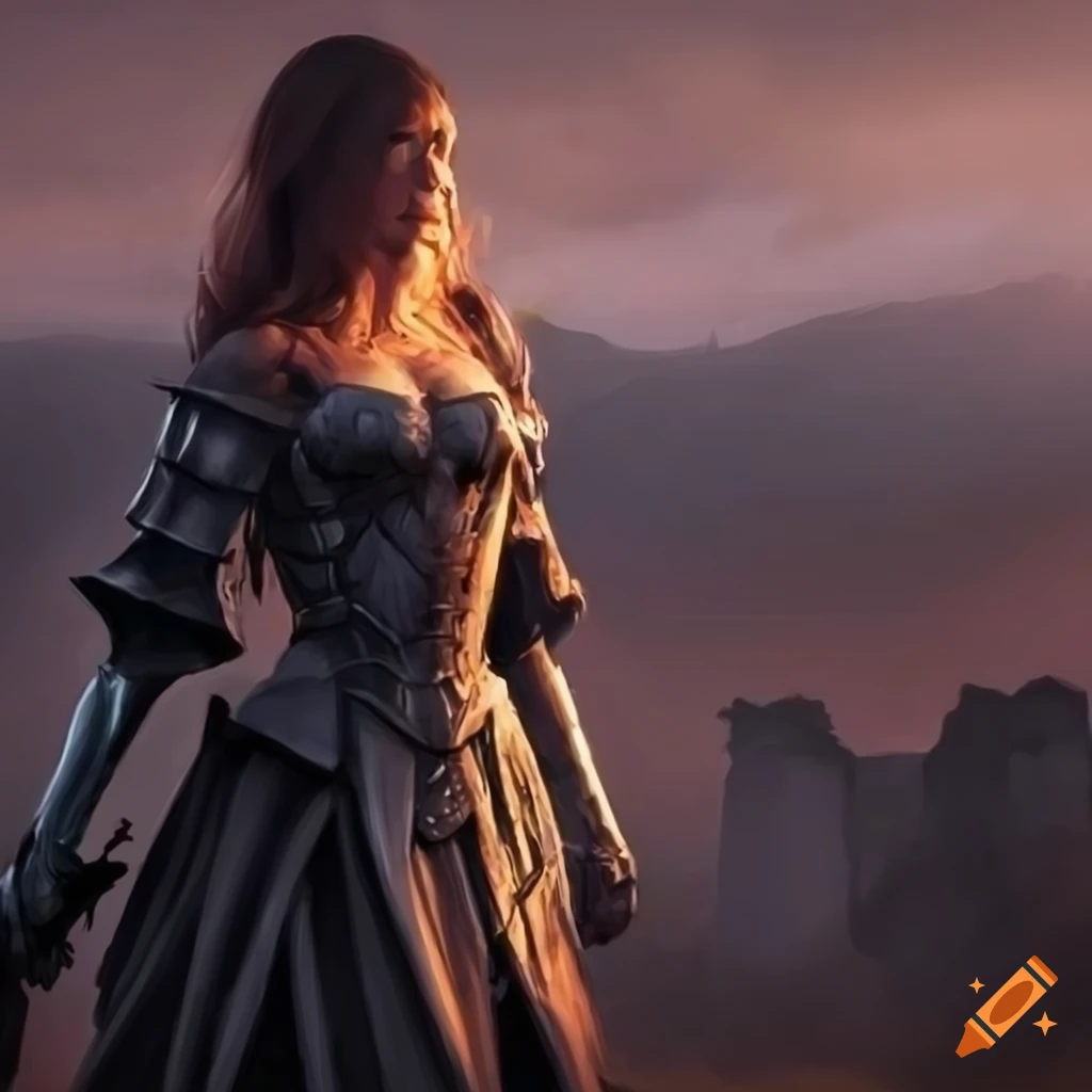 Brunette princess in black and white armor near a ruined castle at dawn