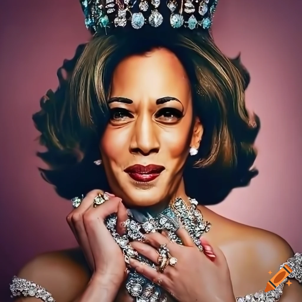 Portrait of Kamala Harris in regal attire and crown, hyperrealistic art