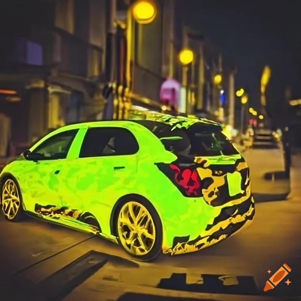 Vibrant camouflage car with yellow rims
