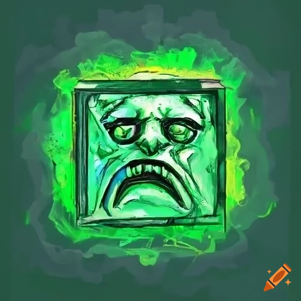 Acidic green oozing cube with a sad face as a medallion on a chain