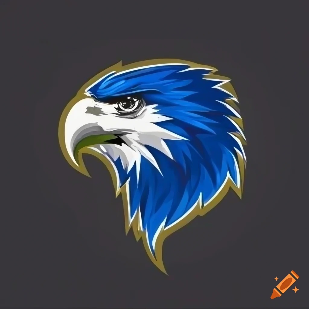 Fierce eagle head sports team logo in royal blue, deep green, and white colors