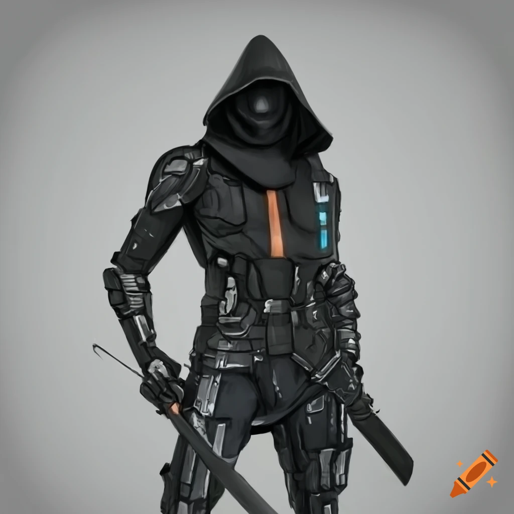Futuristic hooded figure holding a sword
