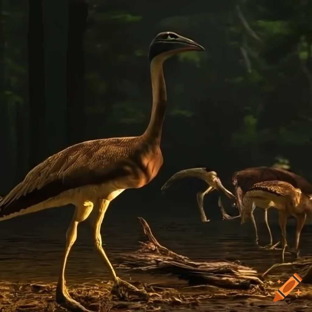 Feathered gallimimus dinosaurs with Houbara Bustard colors in British Columbia lake