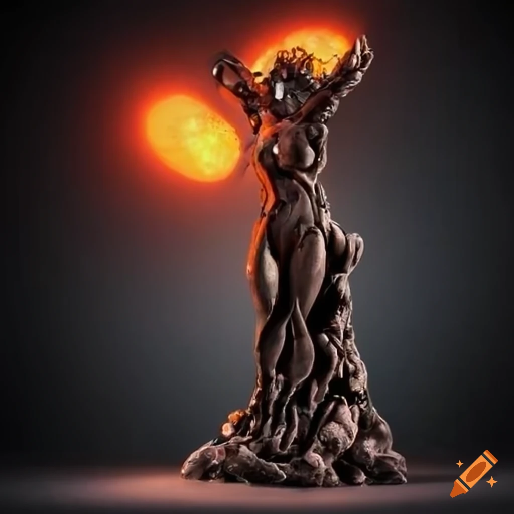 Animated molten iron goddess sculpture in steel and concrete