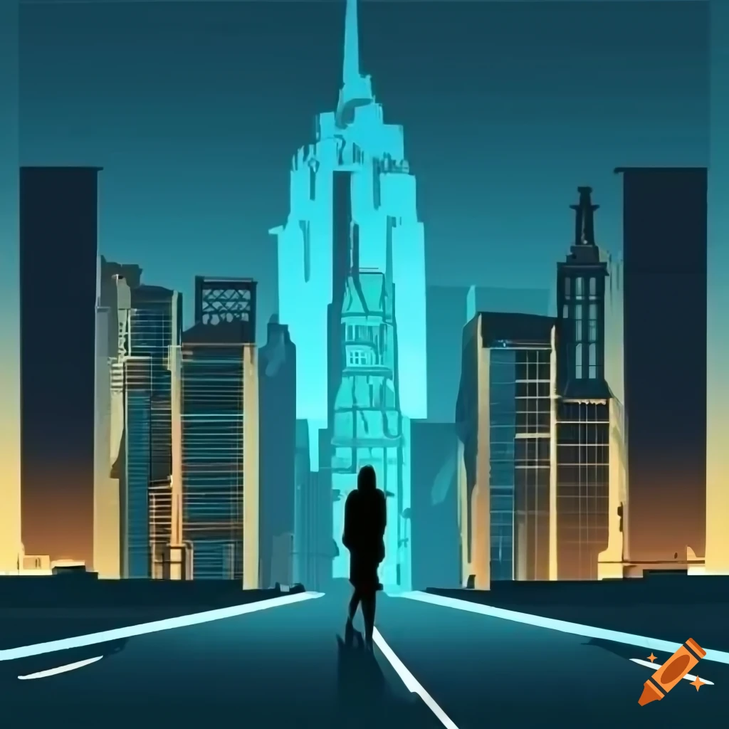 Futuristic tower at the vanishing point of an avenue with a man walking