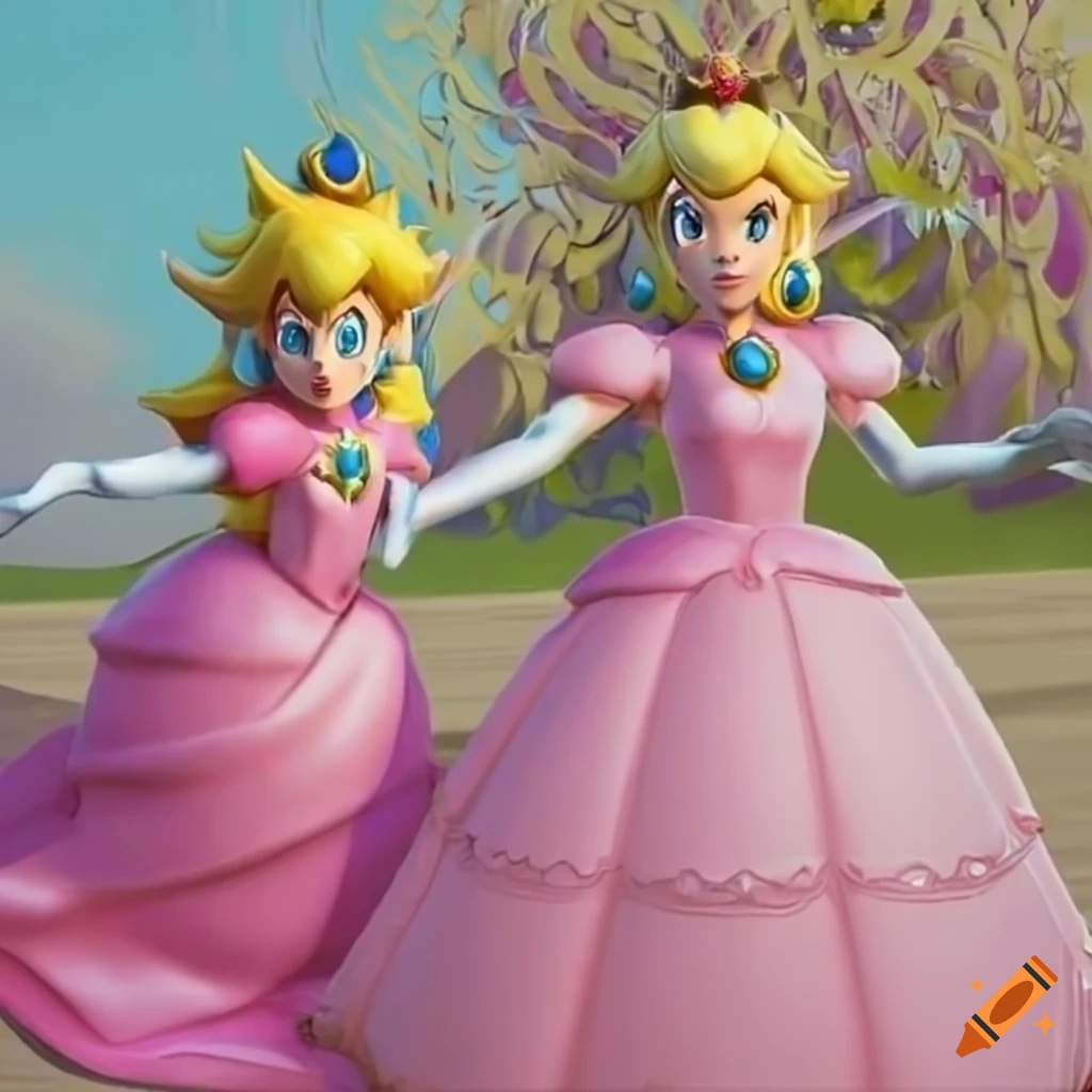 Princess Peach and Link in elegant ballgowns posing together