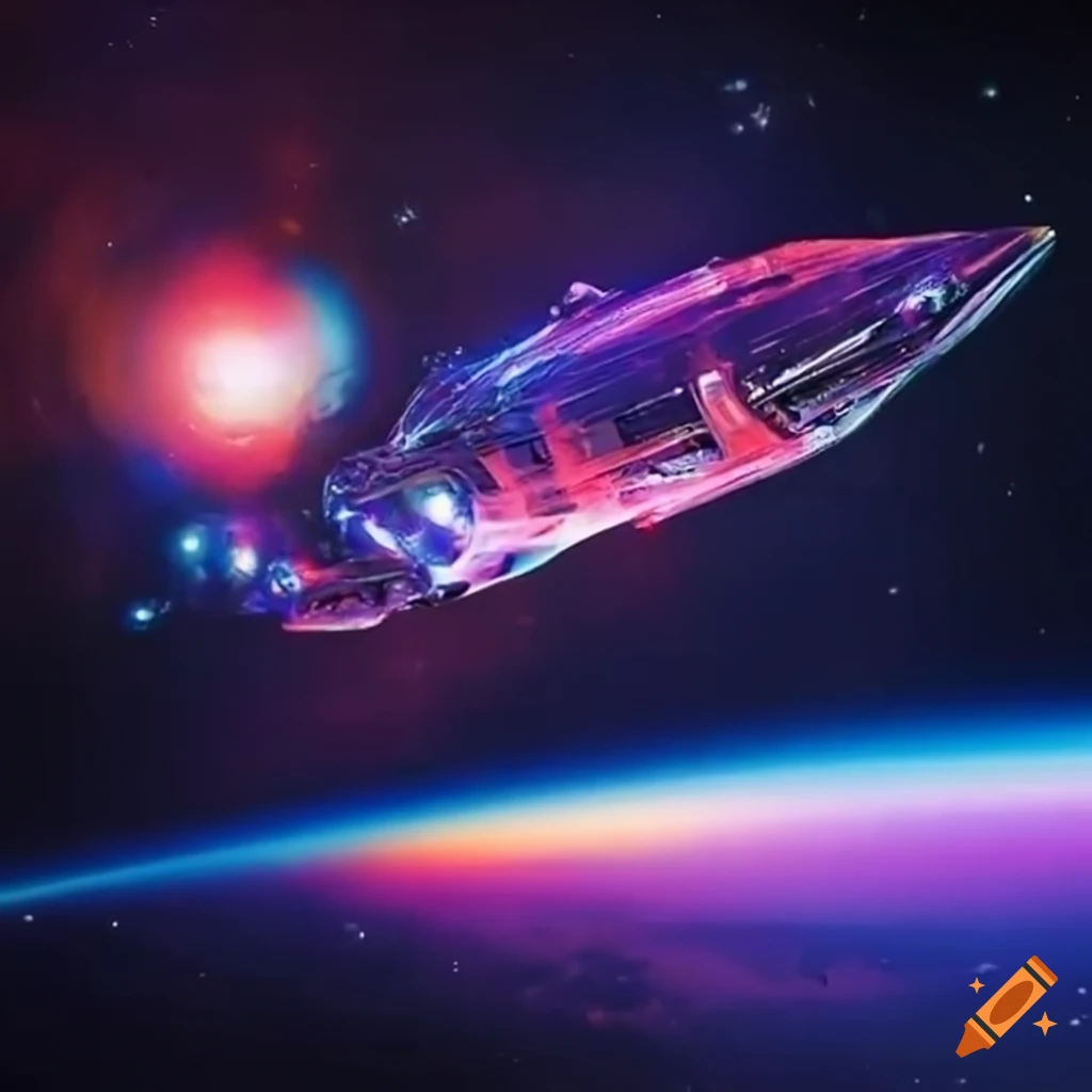 Futuristic spaceship flying through the cosmos in a vivid art style