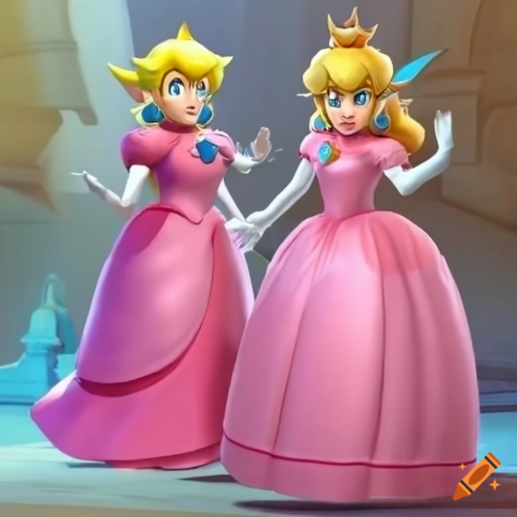 Princess Peach and Link in pink silk ballgowns posing together on Craiyon