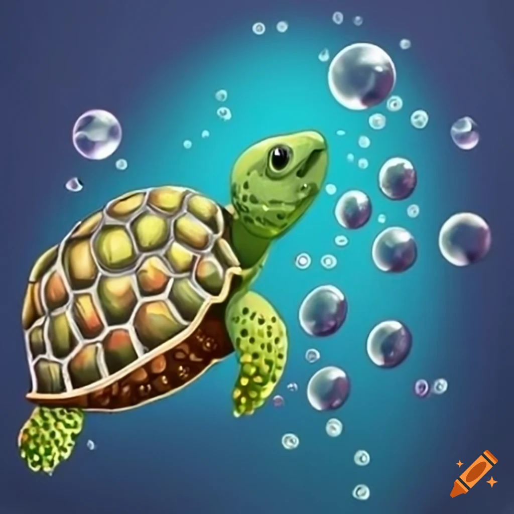 Tortoise underwater surrounded by bubbles