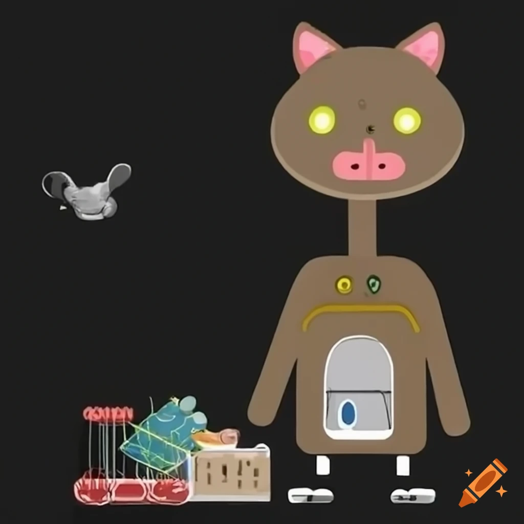 Surreal composite face with cat, sparrow, mouse, frog, old man, robot, and supermarket elements
