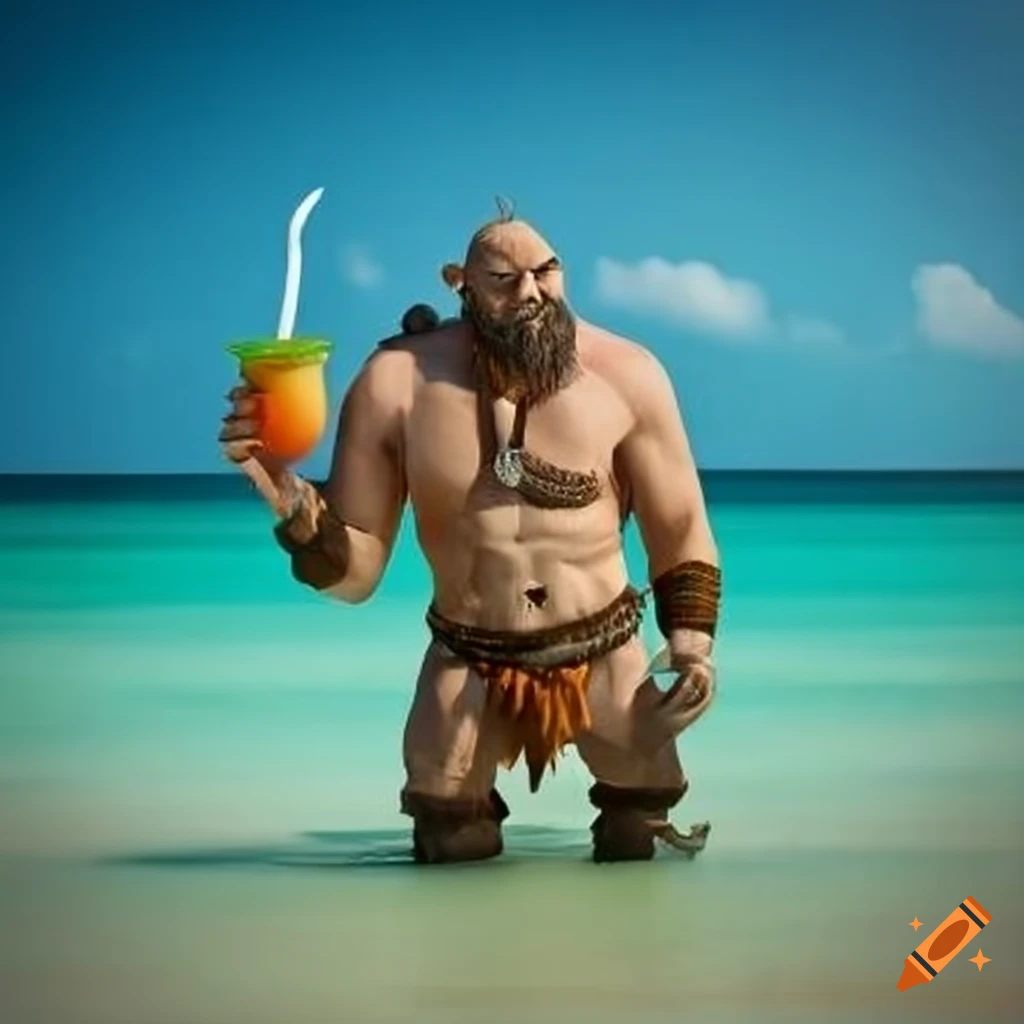 Rugged barbarian enjoying a tropical cocktail on a beach hut