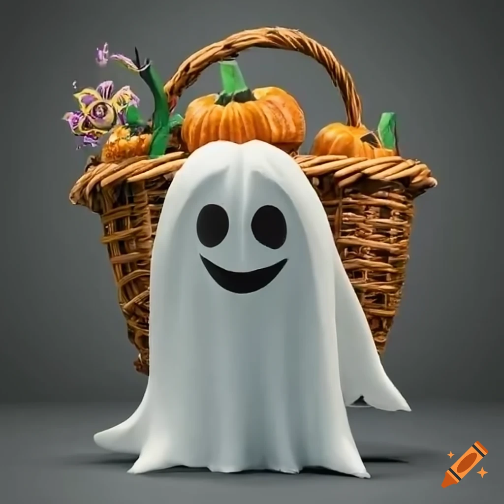 Halloween ghost with pumpkin basket for trick or treating