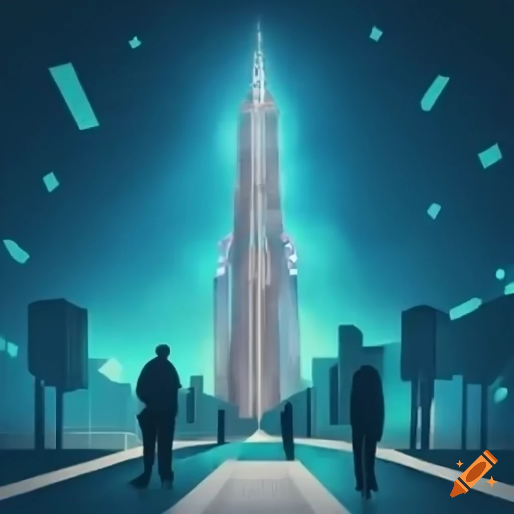 Futuristic tower at the vanishing point of an avenue with a man walking