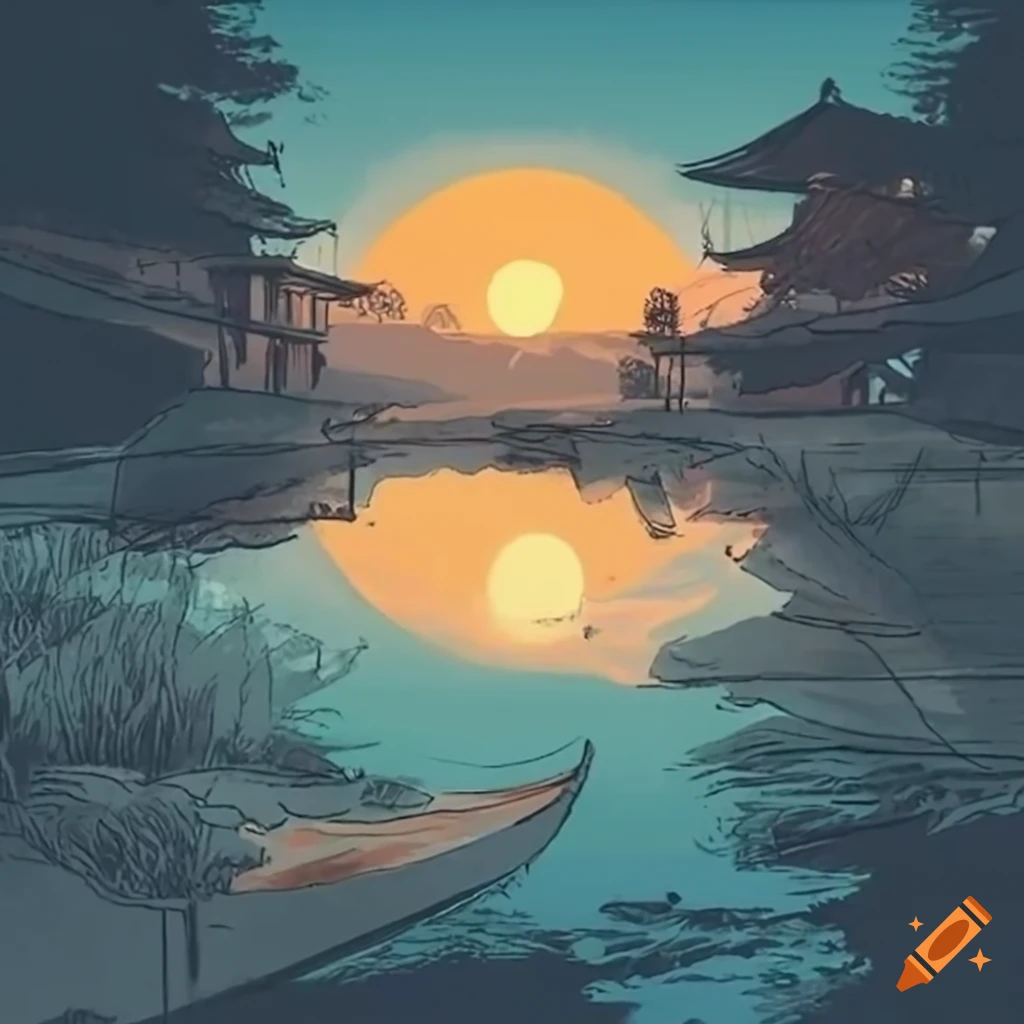 Serene sunrise over traditional Japanese landscape with warm light