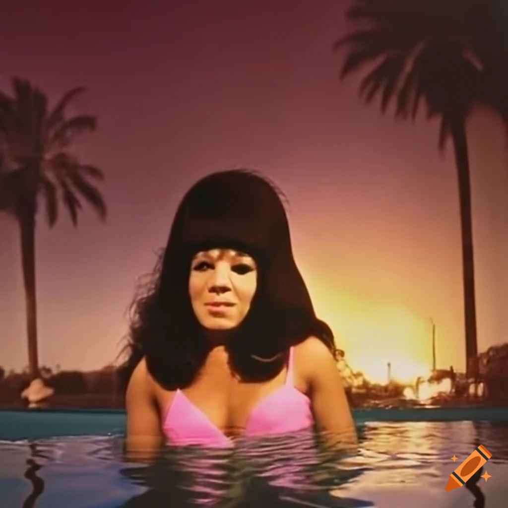 Ronnie Spector in a 60s swimsuit at sunset, glamorous and chic
