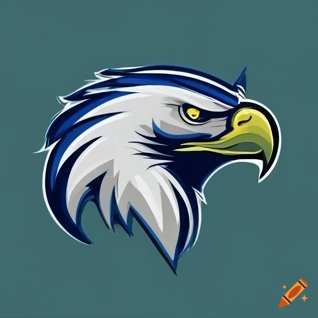Fierce eagle head sports team logo in royal blue, deep green, and white colors