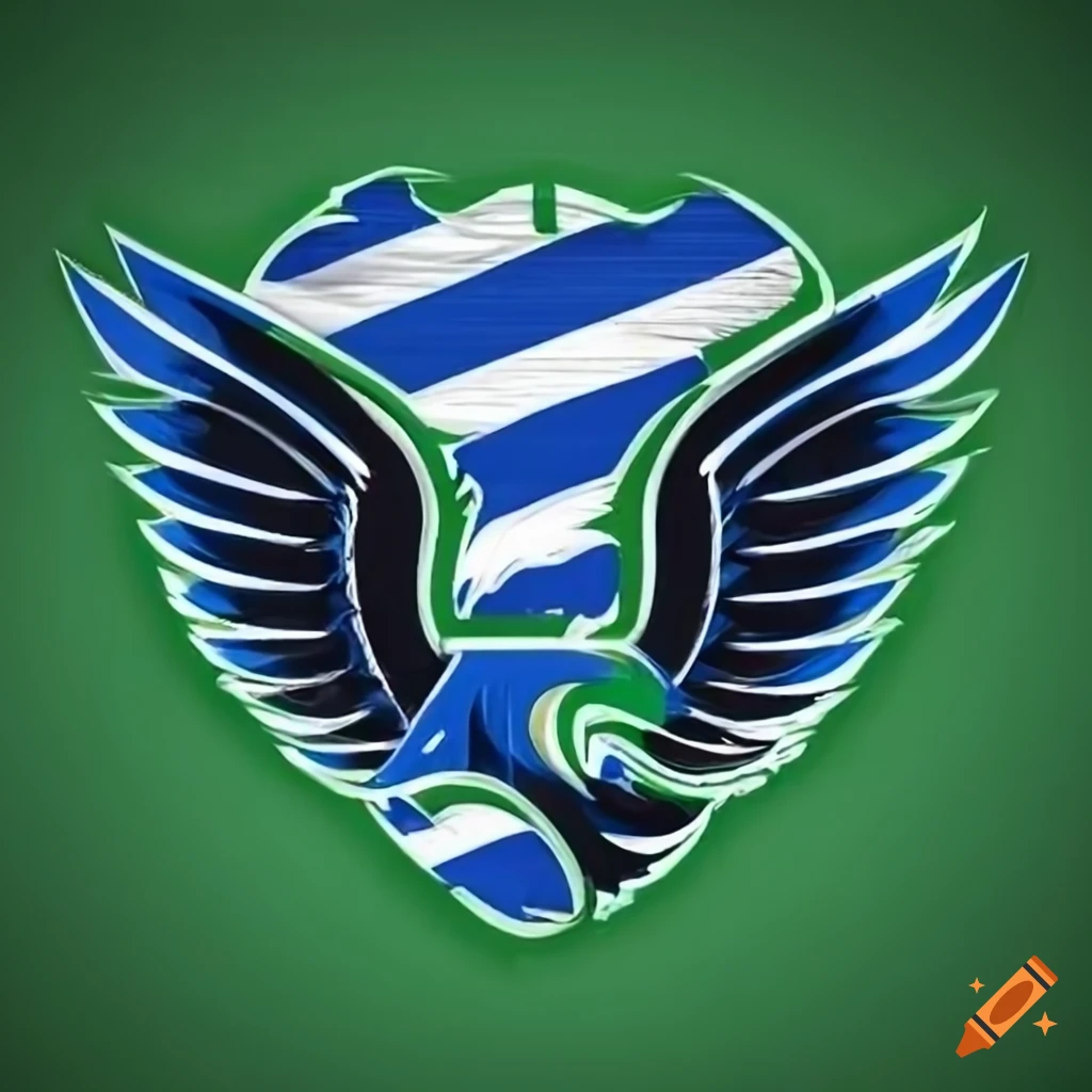 Eagle wing sports logo with royal blue, deep green, and stark black colors