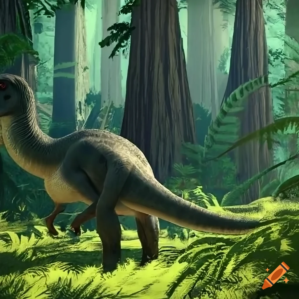 Hypsilophodon dinosaurs in a redwood forest with sunbeams filtering through the canopy