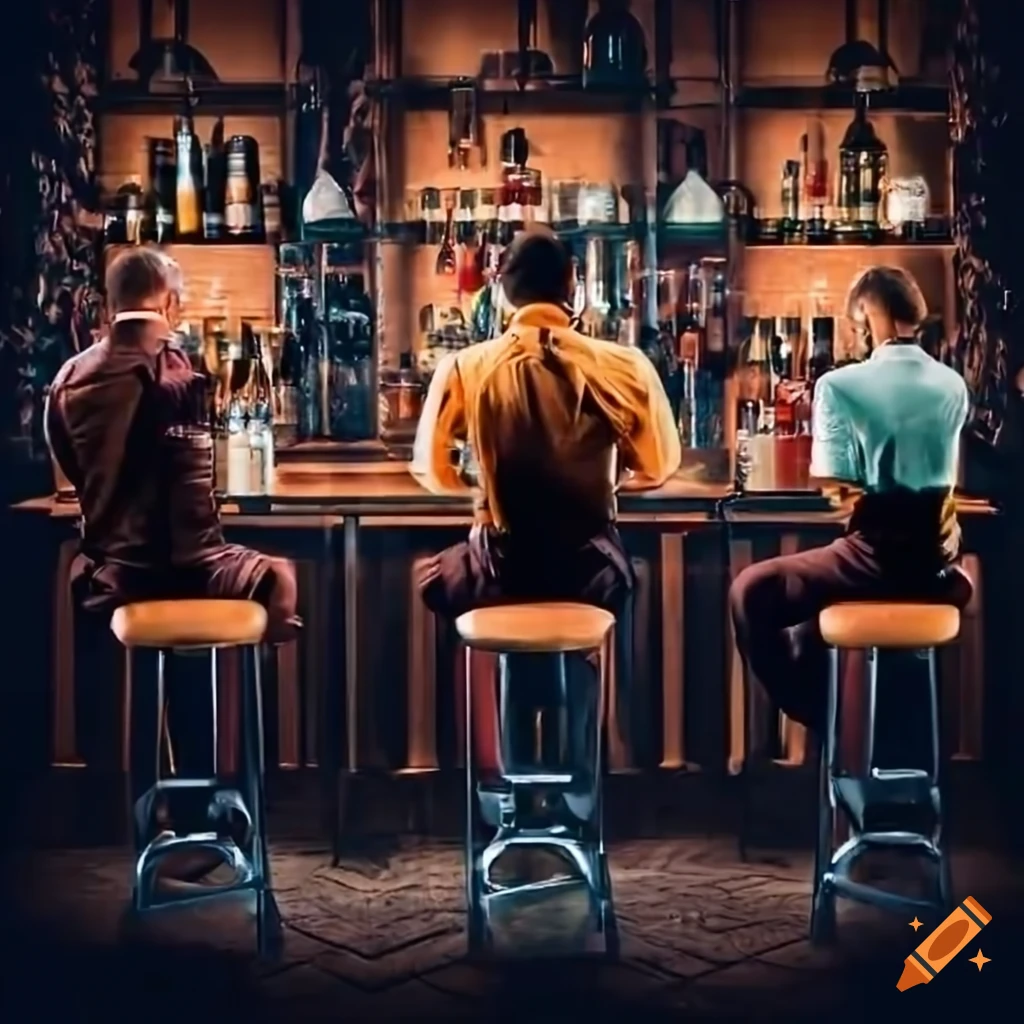 Three men sitting in a bar with a wall of liquor bottles and a bartender