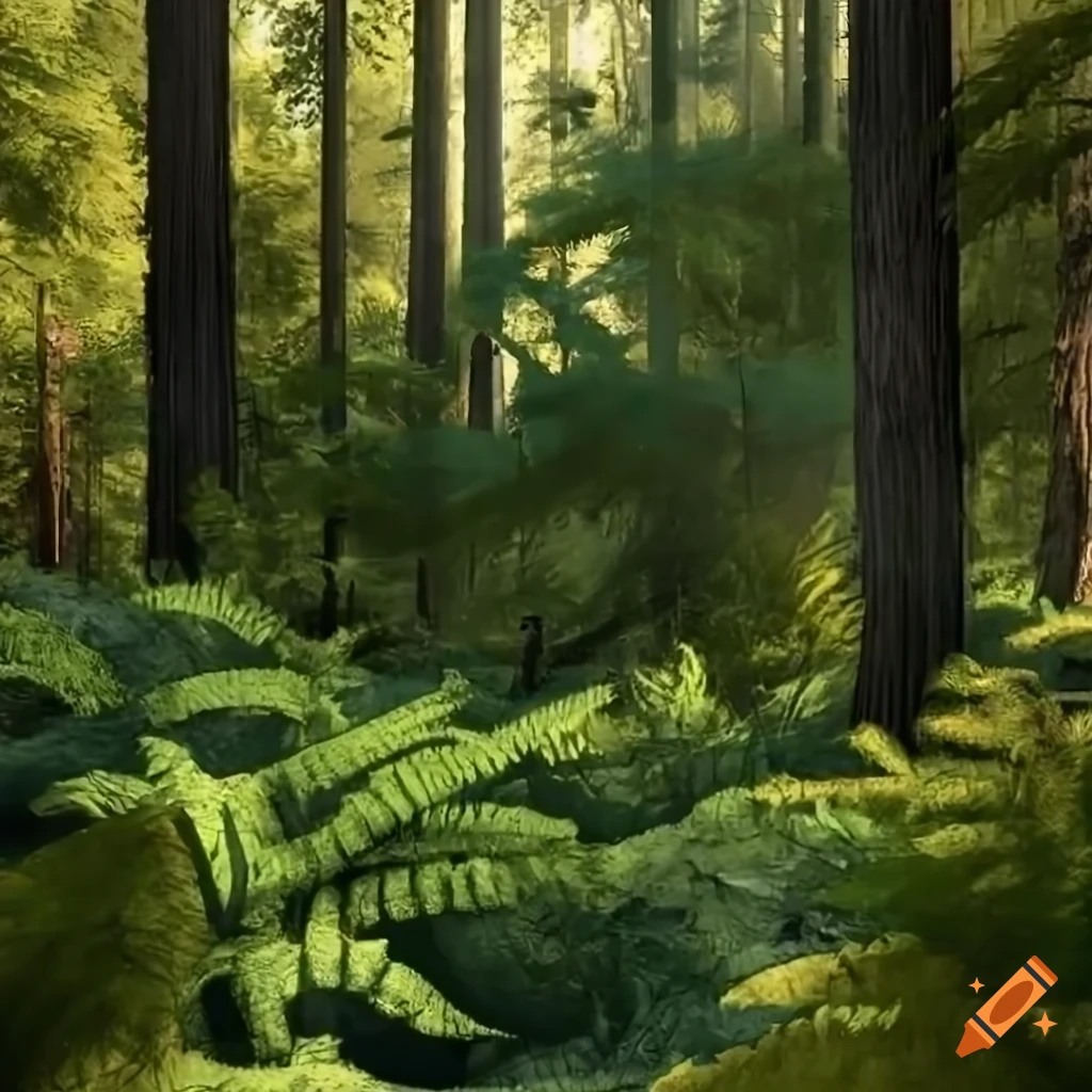 Hypsilophodon dinosaurs in a redwood forest with sunbeams filtering through the canopy