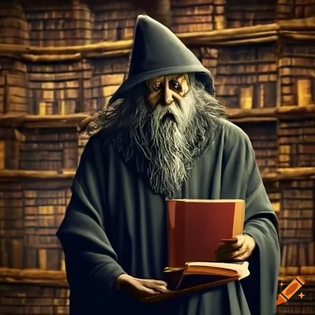 Mysterious wizard with magical staff and book in ancient library