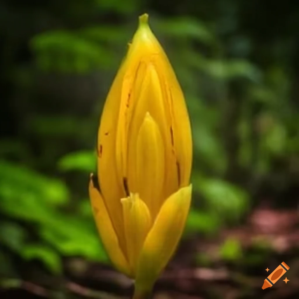 Rare golden flower Aurumflora radiantis thriving in tropical rainforests