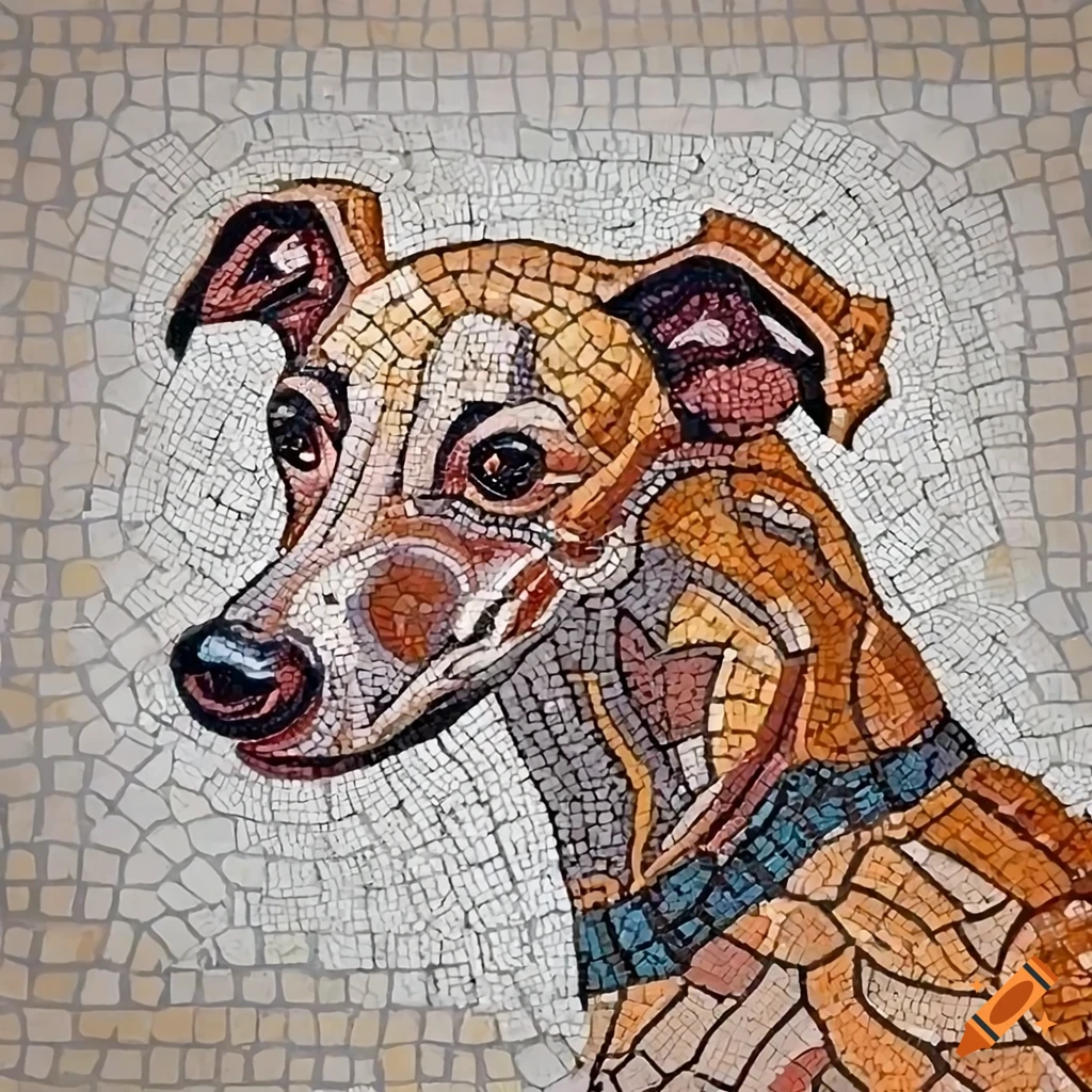 Enthusiastic greyhound in Roman mosaic style