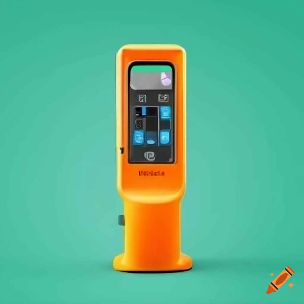 Modern compact round parking meter in vibrant papaya color with EV charging station and AC outlets