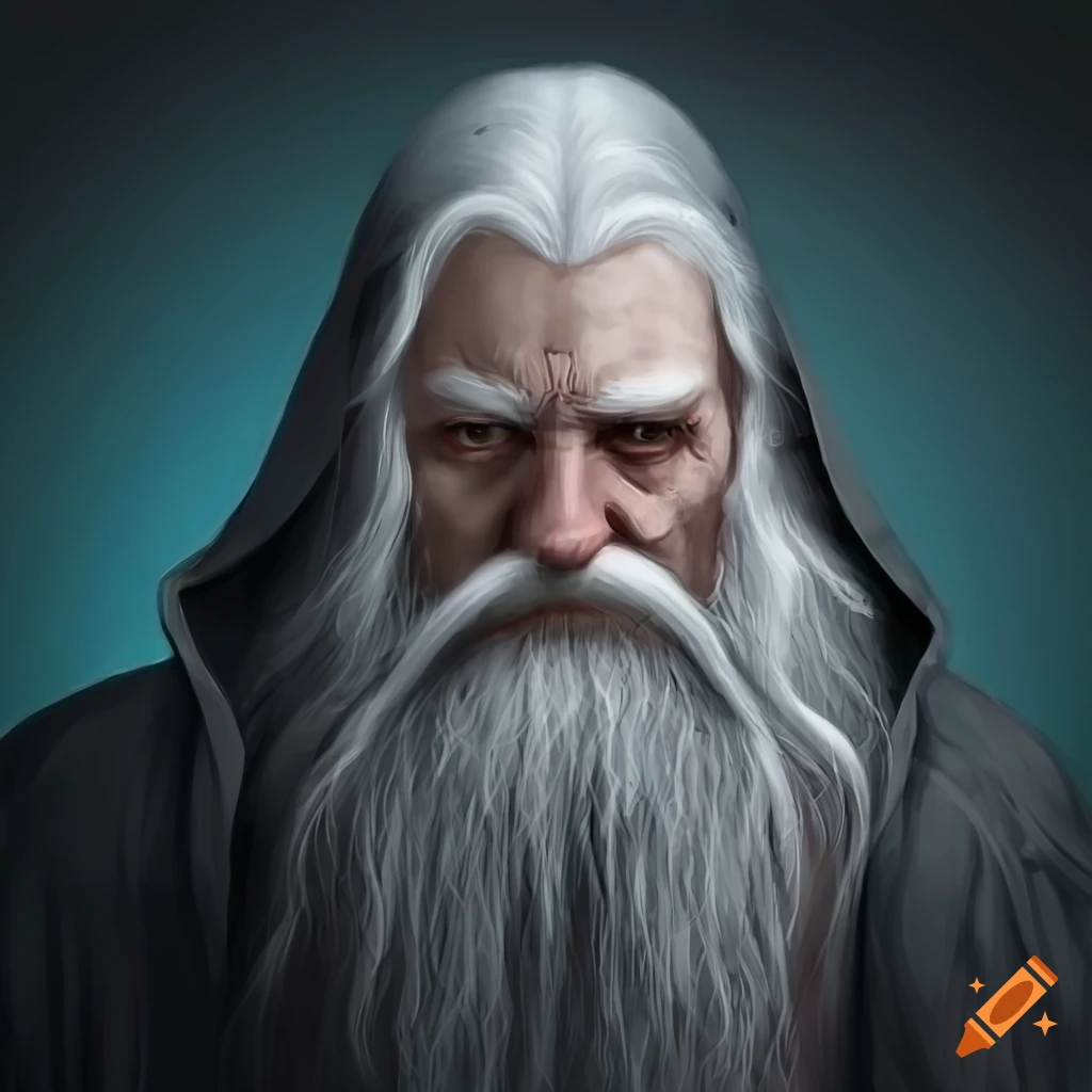 Wizard with long white beard in gray robe and hood
